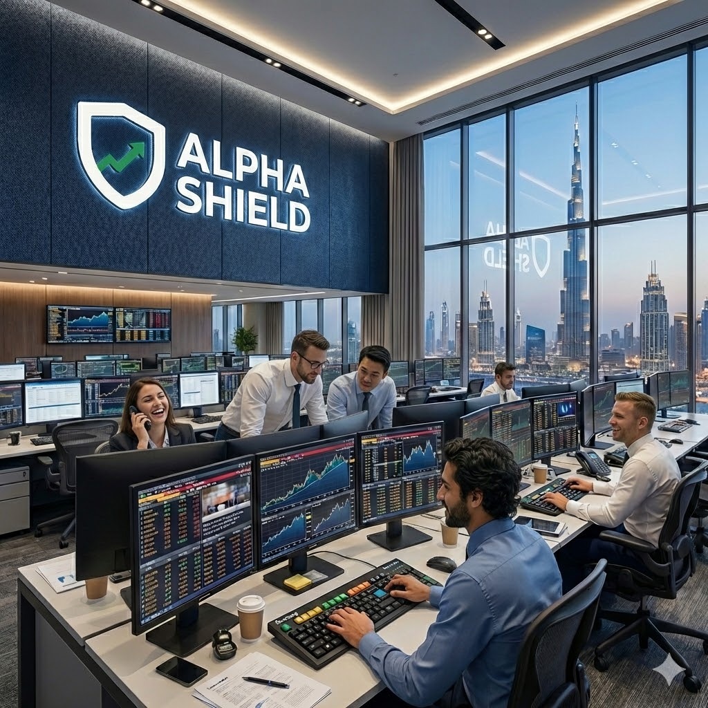Alpha Shield team members working on market analysis and trading signals