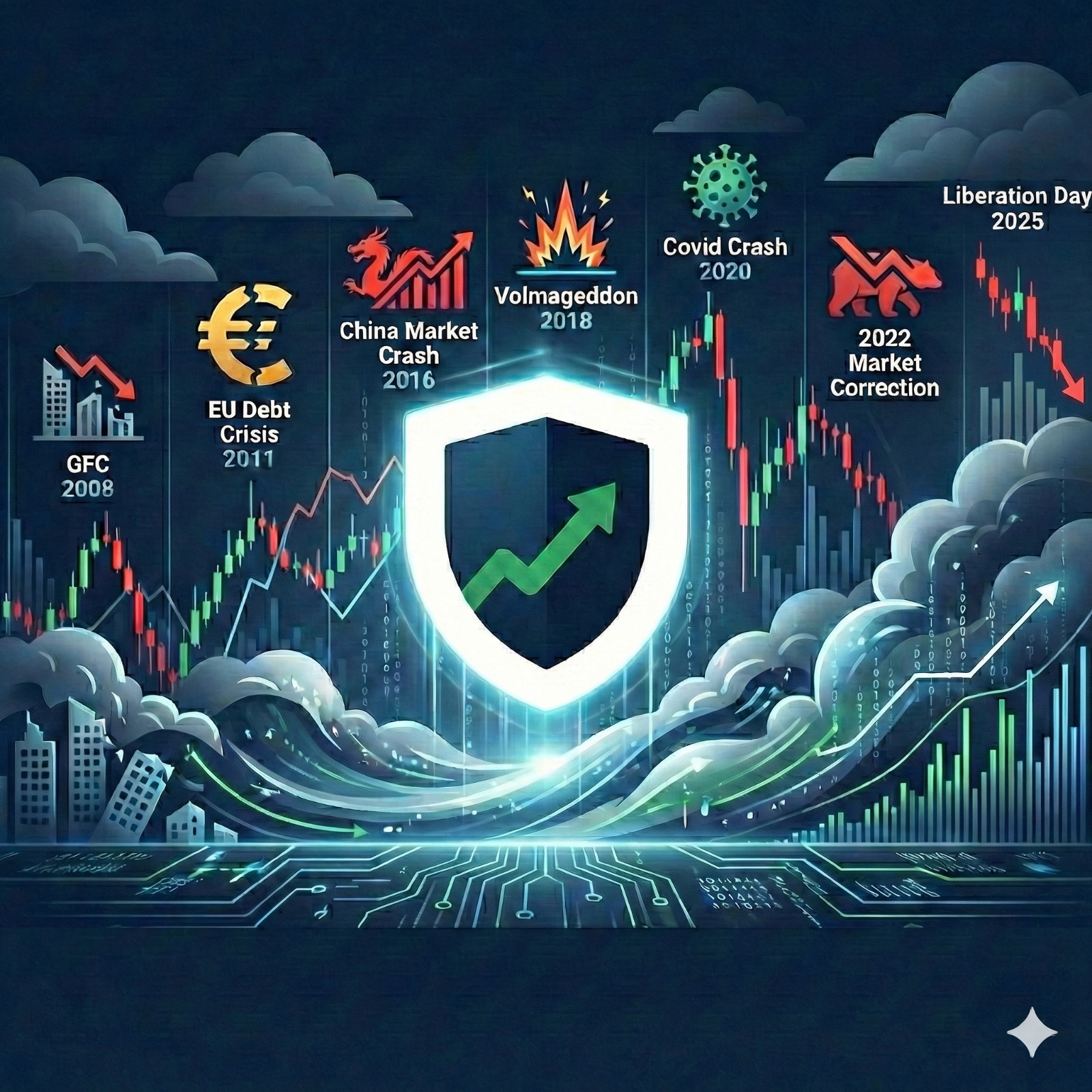 Alpha Shield backtest performance chart showing returns and volatility metrics since 2008